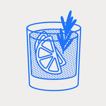 recommend clip art: Gin and tonic cocktail with lime slices and rosemary. Line art, retro. Vector illustration for bars, cafes, and restaurants.
