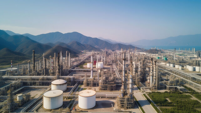 Oil refinery with a background of mountains and sky.The factory is located in the middle of nature, Generative AI