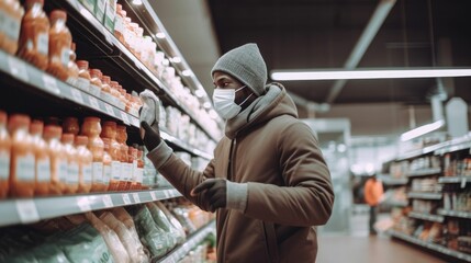 Fototapeta na wymiar Black male shopping groceries in supermarket