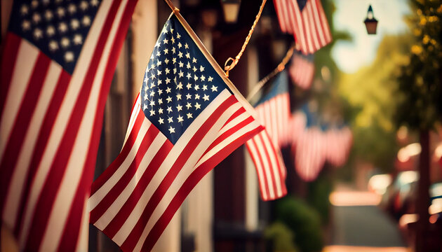 United states flags hanging at the street ready to enjoy holiday. Ai generated image 