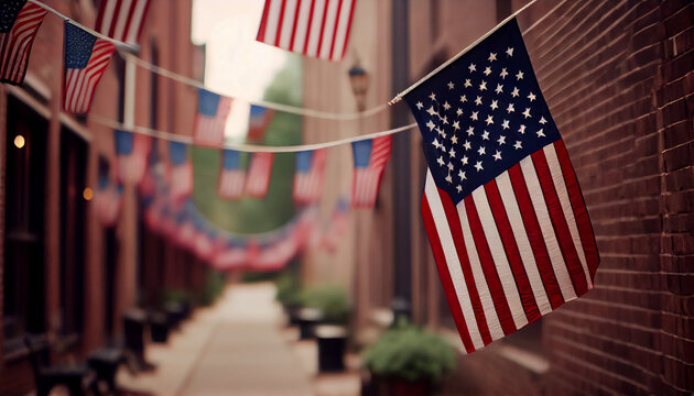 United states flags hanging at the street ready to enjoy holiday. Ai generated image 