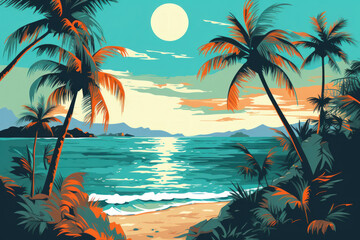 Naklejka na ściany i meble Drawing tropical beach summer background. Graphic illustration design. Generative ai.