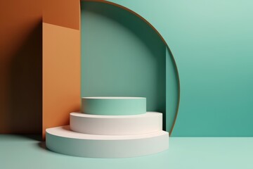 Fototapeta premium abstract minimal empty podium with bright colors to display products on a raised graphical area, 3D style generative ai Illustration