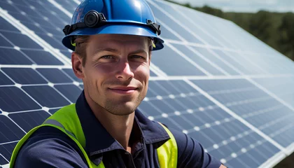 Foto op Canvas Experte in der Photovoltaik Handwerker Portrait auf einem Dach mit Solarpanels durch Solarenergie und Solartechnik Nachhaltigkeit Generative AI  © Imagecreator
