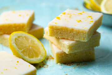 Close up of delicious lemon brownies on a stack