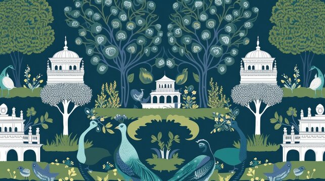 Illustration of a Mughal garden with peacock and plants