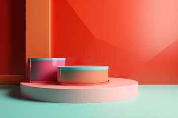 abstract minimal empty podium with bright colors to display products on a raised graphical area, 3D style generative ai Illustration