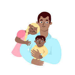 Happy Father's Day. Dad with his son and daughter in his arms. Greeting card for the holiday. Parent hugs kids. Warm relationship between parent and children. Vector illustration in flat cartoon style