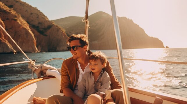 Father and son enjoying time at sea