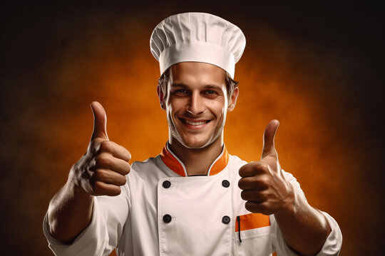 A good looking chef dressed in a traditional star chef hat and jacket showing two thumbs up - ai generative