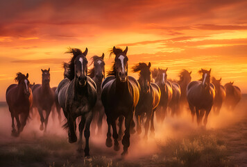 herd of beautiful horses runs at sunset
