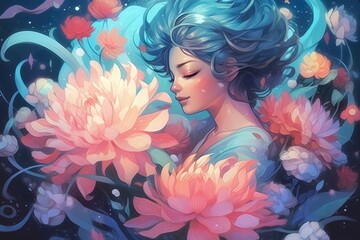  Portrait of a Dreamy Girl and Flowers