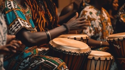 African people playing ethnic music with djembe