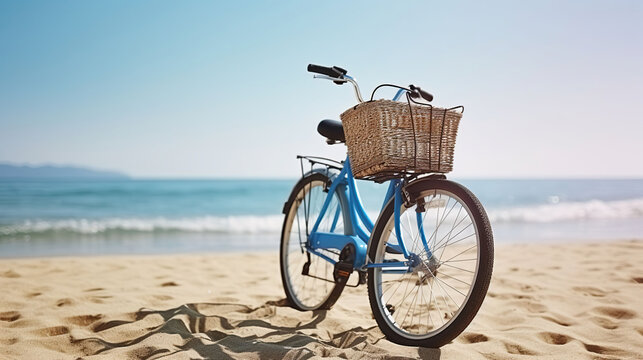 Feminine bicycle of comfort class with empty basket on the sandy beach of mediterranean sea. Blue cruiser bike on sunny day at sea shore. Generative AI