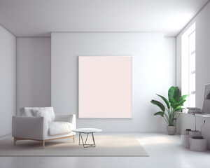 Obraz na płótnie Canvas Minimal bright interior with round mirror on the wall. 3D rendering illustration. Generative AI
