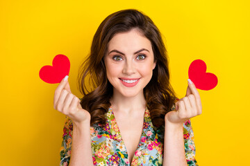 Portrait of candid adorable person toothy smile hands hold small red paper hearts isolated on yellow color background