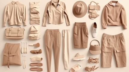 Collection of fashion clothes in beige colors