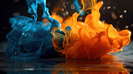 Spectacular image of blue and orange liquid ink churning together, with a realistic texture and great quality. 3D Illustration. Generative AI