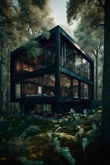 A house sitting in the middle of a forest. Generative AI