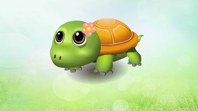 3d animation of cute baby turtle walking adorable , 2d animated background