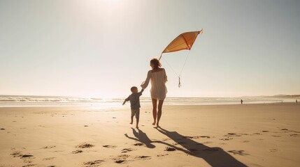 Mother and son playing with kite on the beach