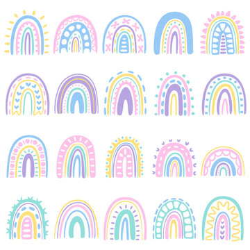 Cute Doodle Rainbow Vector Set in Pastel Color Style