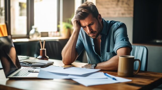 Tired man sitting at desk with financial bills at home