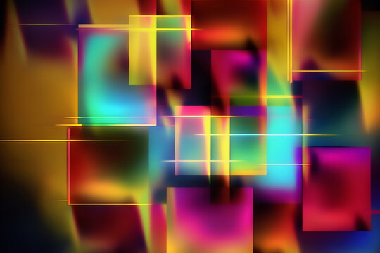 Generative AI illustration of abstract background of multicolored geometric interpolation of squares and rectangles with bright blue purple and yellow neon lights against black background