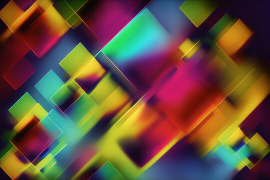 Generative AI illustration of abstract background of multicolored geometric interpolation of squares and rectangles with bright blue purple and yellow neon lights against black background