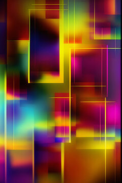 Generative AI illustration of abstract background of multicolored geometric interpolation of squares and rectangles with bright blue purple and yellow neon lights against black background