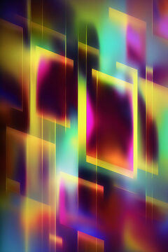 Generative AI illustration of abstract background of multicolored geometric interpolation of squares and rectangles with bright blue purple and yellow neon lights against black background