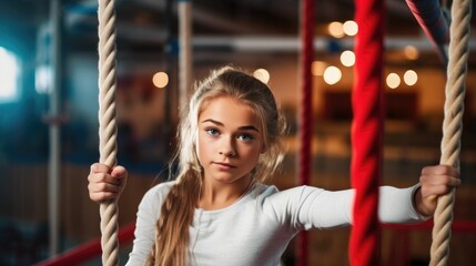 Determined young woman at gymnastics rings