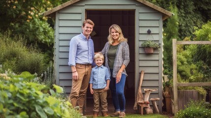 Portrait of happy family in front of a garden shed - obrazy, fototapety, plakaty