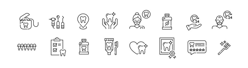 Set of dental health related icons. Dentistry, orthodontic treatment and daily care. Pixel perfect, editable stroke set