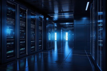Naklejka premium Working Data Center Full of Rack Servers and Supercomputers, Modern Telecommunications, Artificial Intelligence, Supercomputer Technology, generative AI