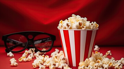 Movie night concept - popcorn, glasses, bright red background, top view, Generative AI
