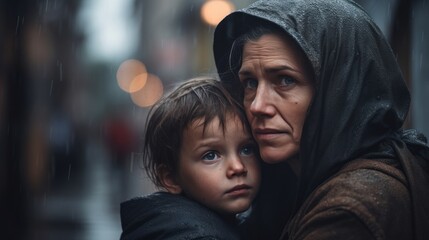 A poor mom hugging her son in the street under the rainy sky, homeless, war victims, hope and faith ai, ai generative, illustration