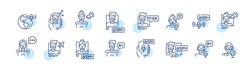 Podcast, radio programme or blogger chatting with his followers. Social media pixel perfect, editable stroke line icons set