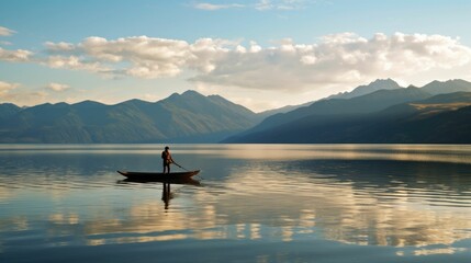 Fisherman fishing on a calm lake with mountains and sky in the background