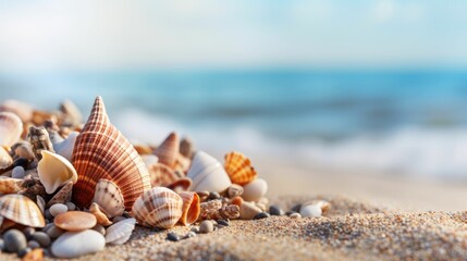 Fototapeta na wymiar Beach holiday background with seashells on seashore