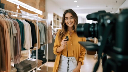 Female influencer vlogging in a clothing boutique