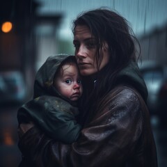 A poor mom hugging her baby son in the street under the rainy sky, homeless, war victims, hope and faith ai, ai generative, illustration