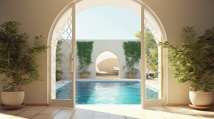 Obraz na płótnie Canvas Luxury outdoor pool entrance with arch