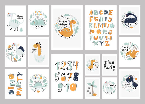 Set of posters with cute dinosaurs.