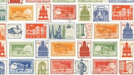 Seamless pattern of travel postal stamps
