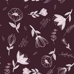 white flowers on dark purple ground, seamless pattern, background