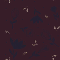 dark blue flowers and golden leaves on plum colored background, seamless pattern