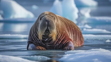 Walrus on a piece of ice in Spitsbergen - obrazy, fototapety, plakaty