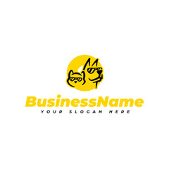 Pet vector logo. Cat and dog with glasses illustration. Animal pet care, health, veterinary, pet store, shop design