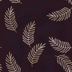 golden and purple palm leaves on aubergine colored background, seamless patter, background